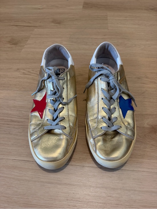 Golden Goose Shoes - Golden Goose Metallic Gold Star Sneakers with Red and Blue Accents